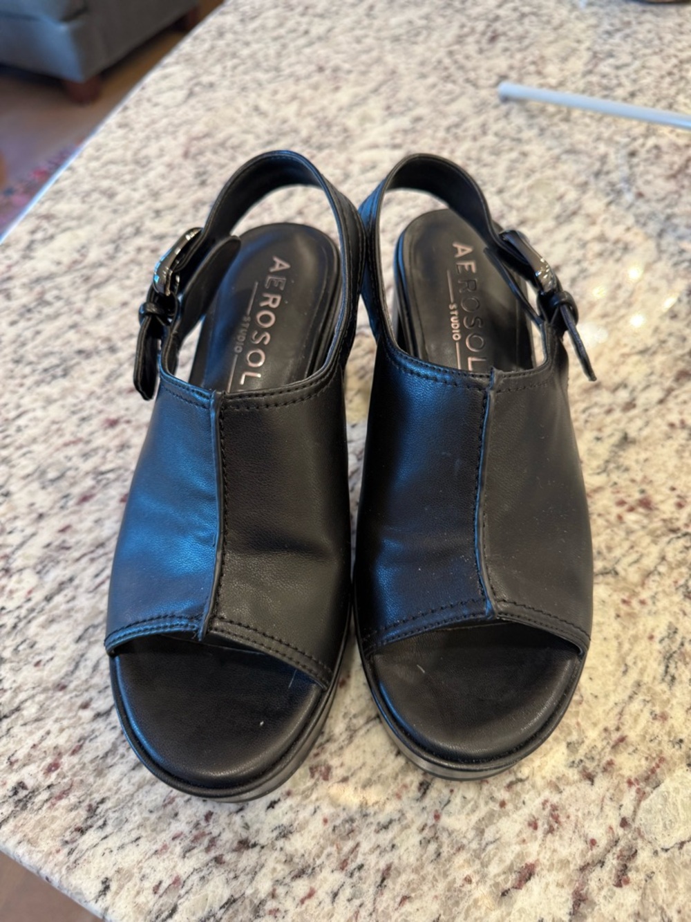 AEROSOLES Zella Black Open-Toe Slingback Platforms